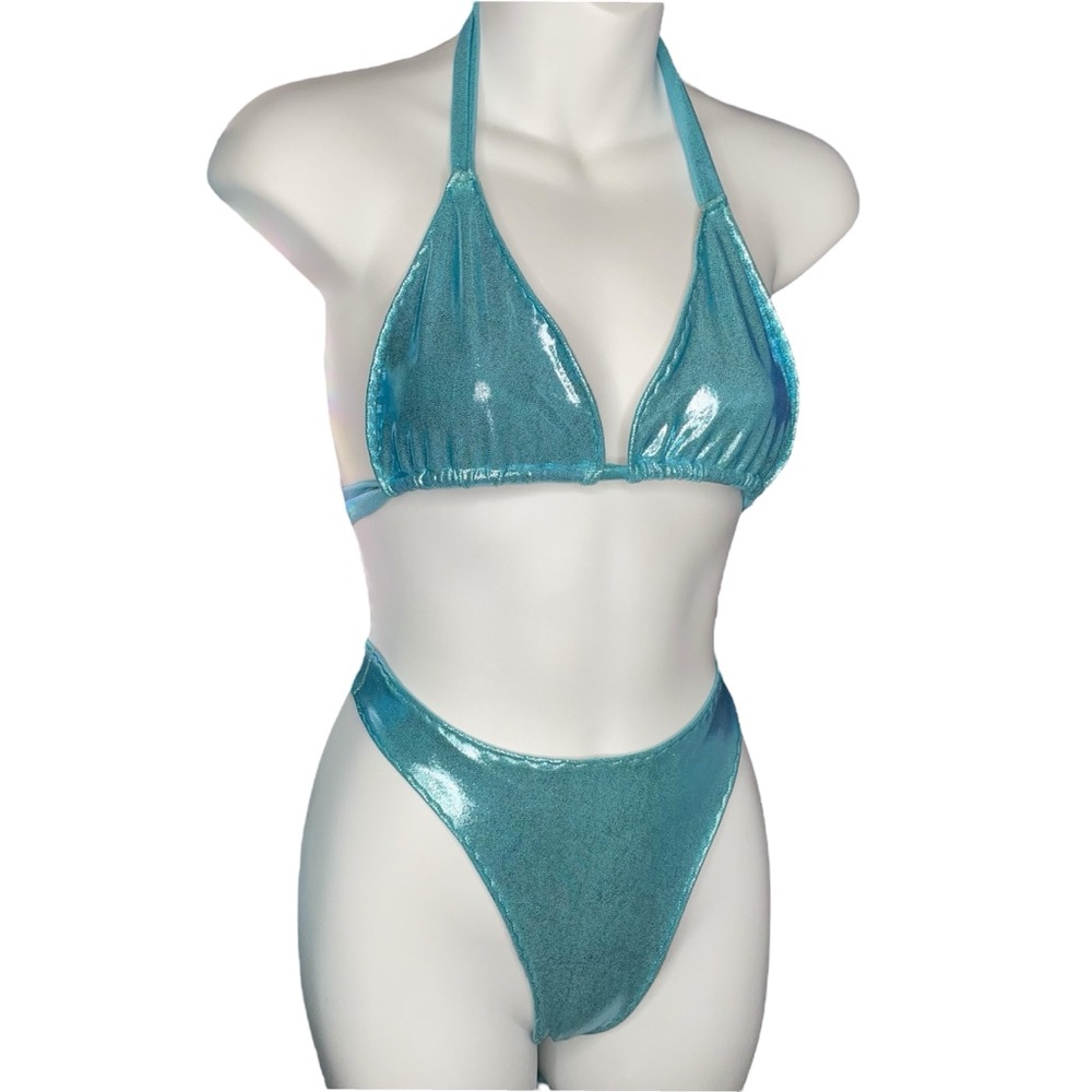 “Made to Order” Metallic Blue Slide Triangle Top & High Leg Bikini Set - Picture 2 of 5